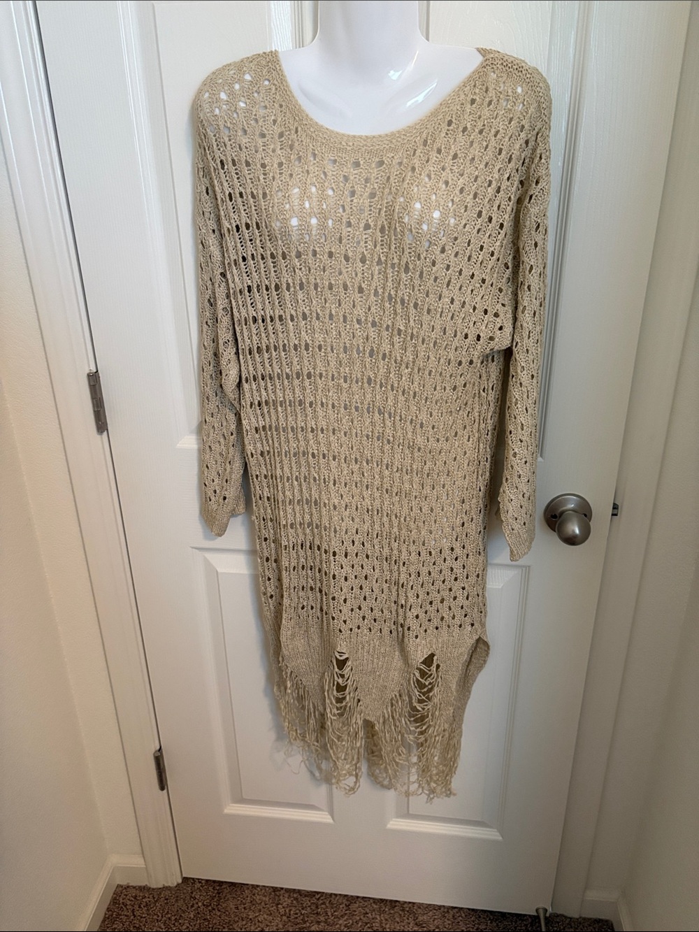 Beige Open-Knit Midi Dress with Fringe